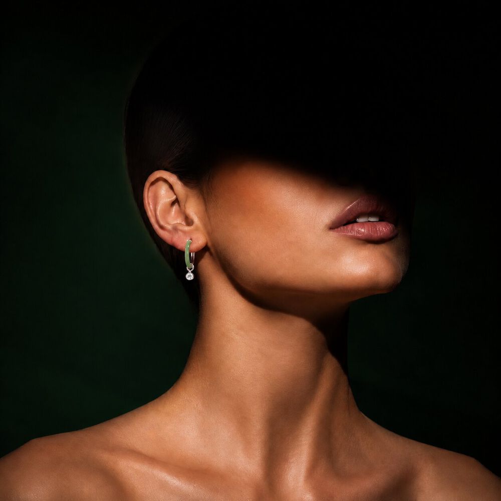 Swinging In Green Silver Hoop Earrings,,hi-res image number null